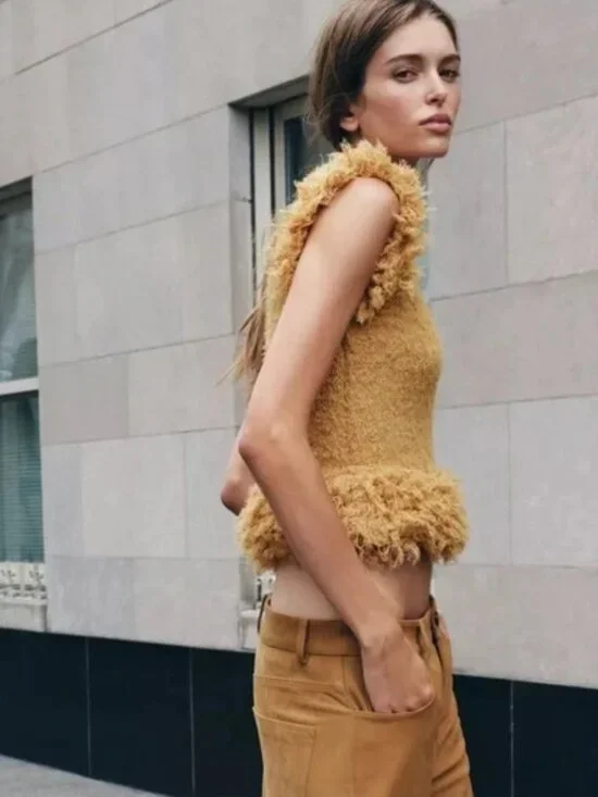 Zara Mustard Yellow Ruffle Trim Textured Fuzzy Knit Vest Top, Size Small - Picture 6 of 16